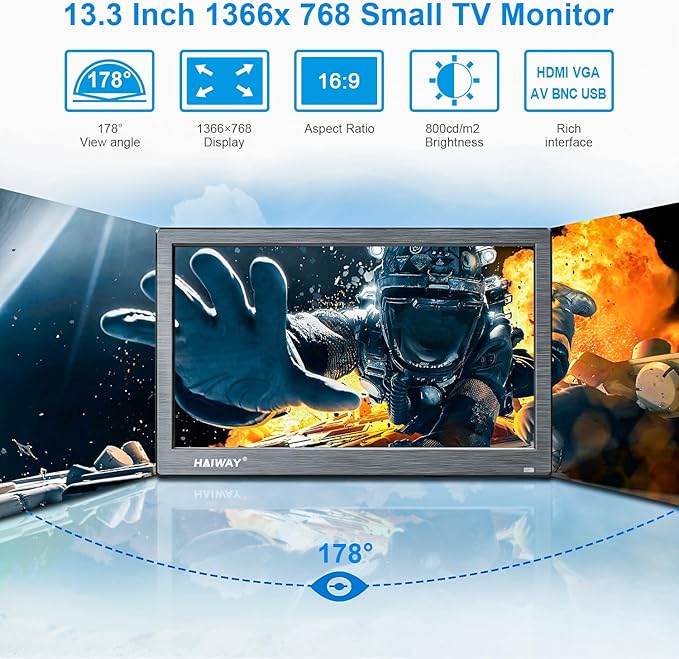 Haiway 13.3 inch Security Monitor, 1366x768 LED Monitor Small HDMI Monitors with Remote Control Built-in Speakers, Mini Monitors HDMI VGA AV BNC USB Input for CCTV Raspberry Pi PC Fire Stick Gaming