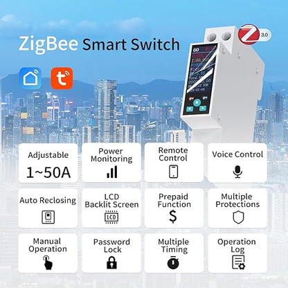 TONGOU Zigbee DIN Rail Smart Meter| 1-50A 90-240VAC 1P+N|Smart Switch with Real-time Power Monitoring| Remote Control via Tuya/Smart Life| Export/Clear Power Data| Recloser Function| FCC Certified