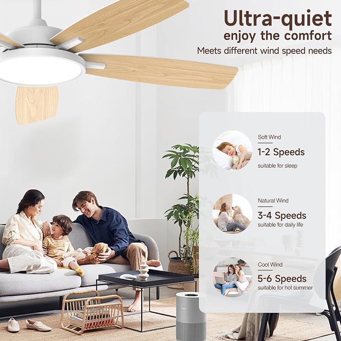 Roomratv 52 Inch Smart Ceiling Fan Compatible with App/Alexa/Google home | White,Beep-Off ,Ultra Quiet,Bright and Dimmable Led Light,Energy saving,Reversible,Remote Control