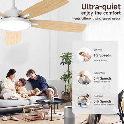 Roomratv 52 Inch Smart Ceiling Fan Compatible with App/Alexa/Google home | White,Beep-Off ,Ultra Quiet,Bright and Dimmable Led Light,Energy saving,Reversible,Remote Control