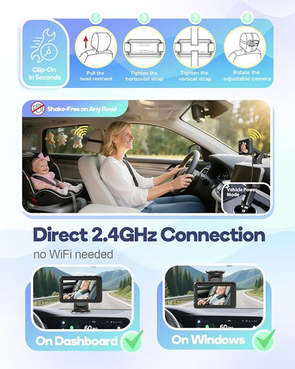 Wireless Baby Car Camera, Car Baby Monitor No Wi-Fi Needed, Auto Night Vision IR-Cut Adjustable Lens, Long Battery for Rear-Facing Seat Long Trips, Newborn Travel Essentials