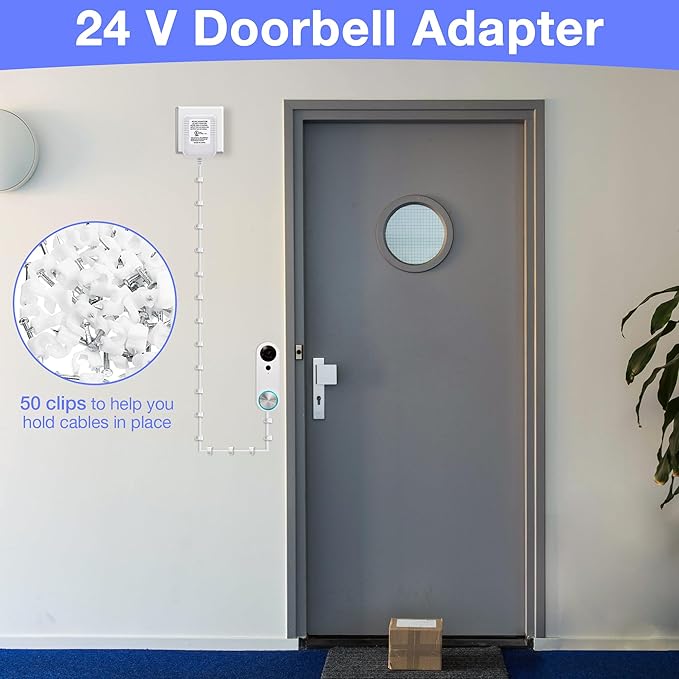 Dreyoo Video Doorbell Transformer, 24 Volt 16.4 Feet Doorbell Power Supply C Wire Adapter with 50 LPJ088 Cable Clips Compatible with Doorbell and Smart Thermostats