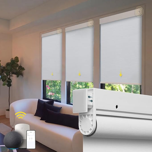 Motorized Blinds No Drill Automatic Blinds for Windows Cordless Roller Shades Electric Blinds with Remote Control Smart Blinds (White, 30 x 72), MH100