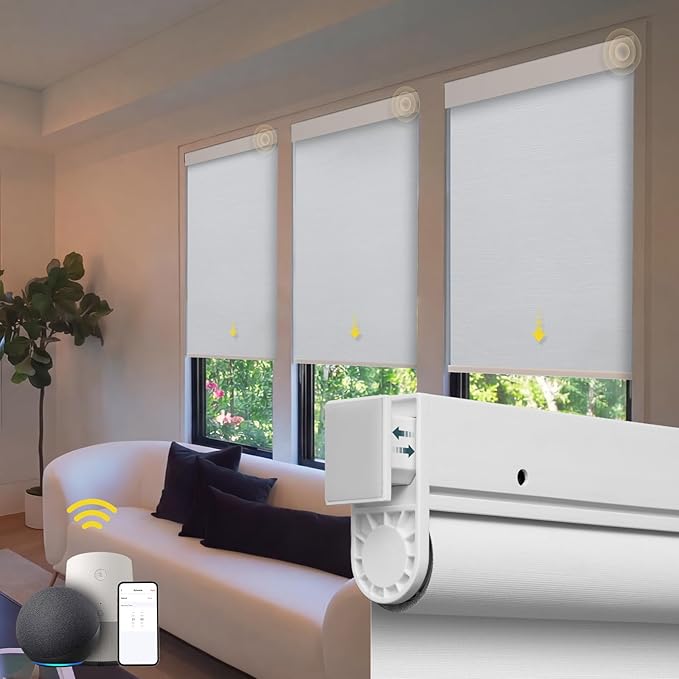 Motorized Blinds No Drill Automatic Blinds for Windows Cordless Roller Shades Electric Blinds with Remote Control Smart Blinds (White, 37 x 72)