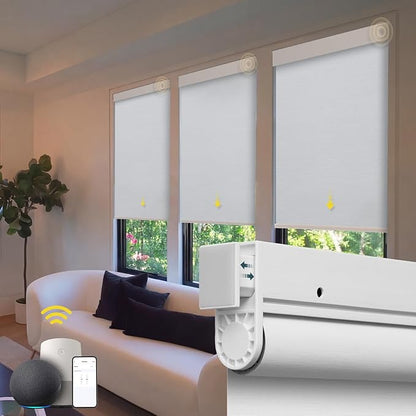 Motorized Blinds No Drill Automatic Blinds for Windows Cordless Roller Shades Electric Blinds with Remote Control Smart Blinds (White, 37 x 72)