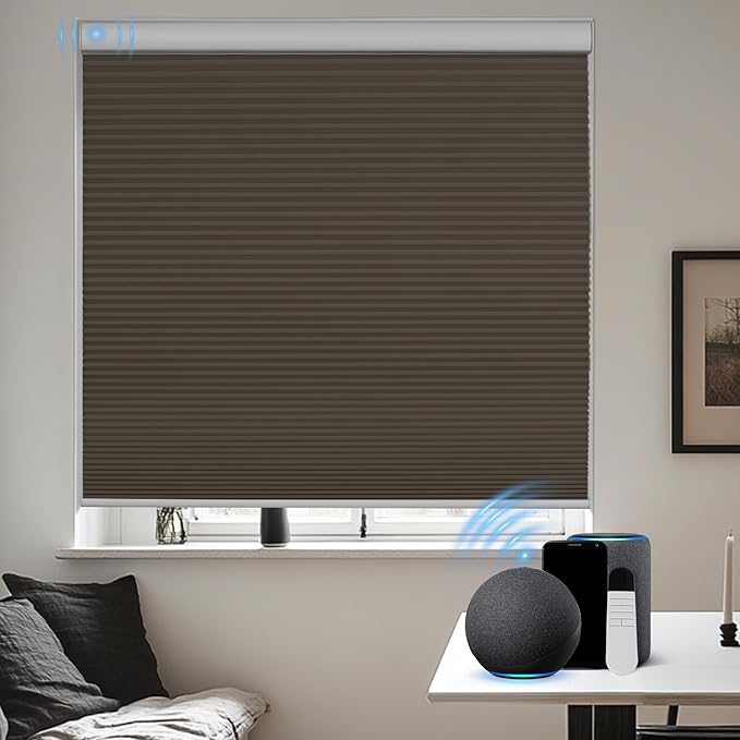 BERISSA Motorized Cellular Shades, Blackout Smart Honeycomb Blinds with Remote Control & Hub, Custom Room Darkening Automatic Cellular Window Blinds for Home Office, Living Room, Door,Brown
