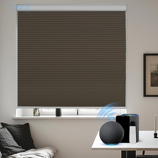BERISSA Motorized Cellular Shades, Blackout Smart Honeycomb Blinds with Remote Control & Hub, Custom Room Darkening Automatic Cellular Window Blinds for Home Office, Living Room, Door,Brown