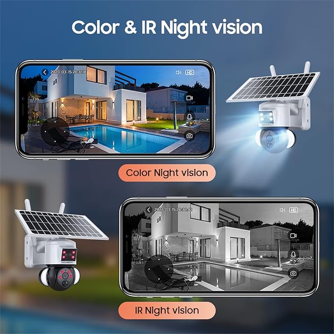 INQMEGA Solar Security Cameras Tuya Smart,3MP FHD WiFi 360° View 15000mAh Solar Powered Cameras for Home,PIR Motion Sensor Flood Light with Siren,Two-Way Audio,Color Night Vision,TUYA Smart Life