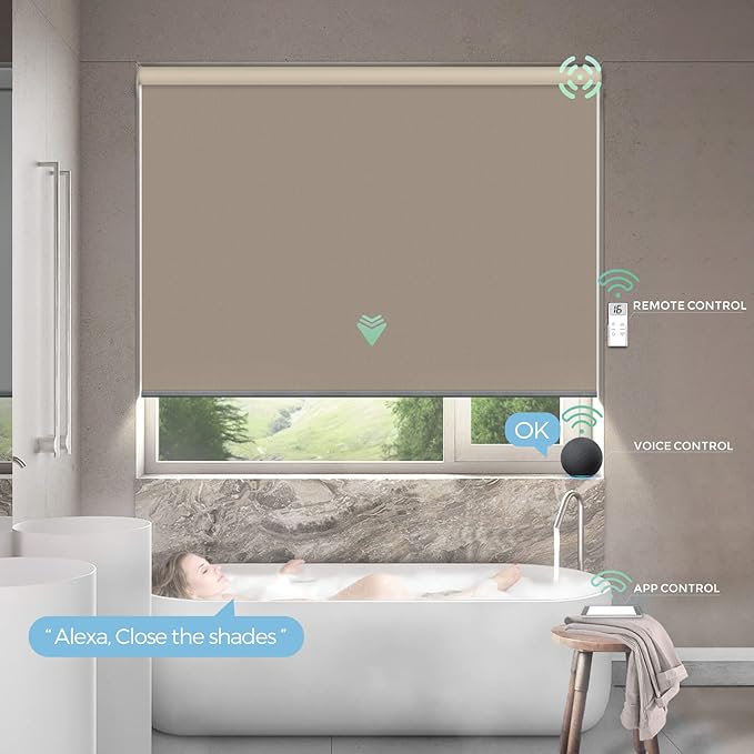 Yoolax Motorized Shower Roller Shades for Bathroom with Remote Control, Automatic Heavy Duty Thick Fabric Shower Curtain Compatible with Alexa, Blackout Battery Solar Powered Blind Custom (Coffee)