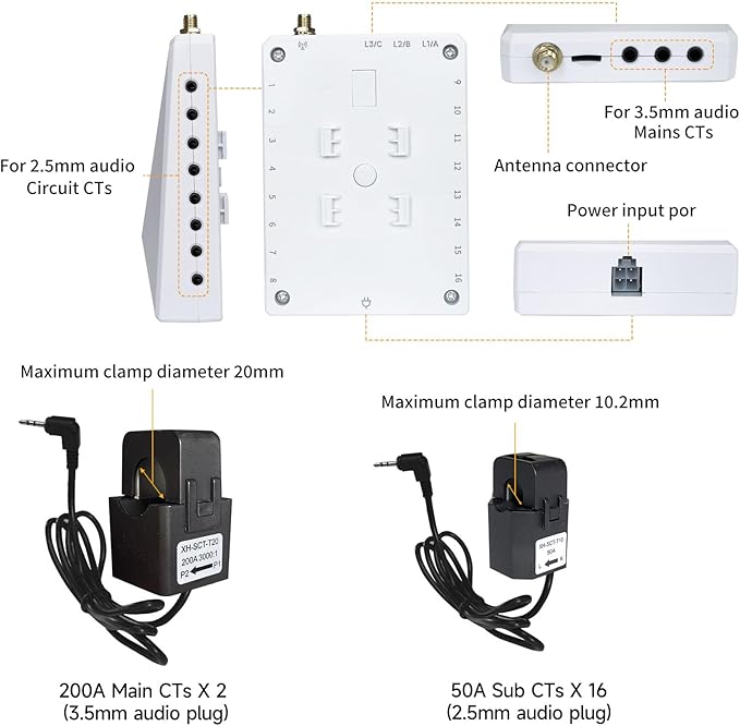 Energy Monitor with 16 50A and 2-200A Circuit Level Sensors, Smart Home Real-Time Accurate Energy Consumption Tracking, WiFi Meter Solar/Net Metering, 2.4 GHz WiFi