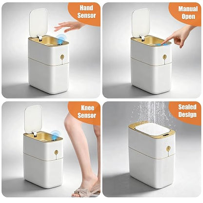 funest Smart Bathroom Trash Can with Lid, 3.6 Gallon Slim Motion Gold Sensor Garbage Bin with Inner Bucket, Trash Can with Lid Waterproof for Kitchen Office