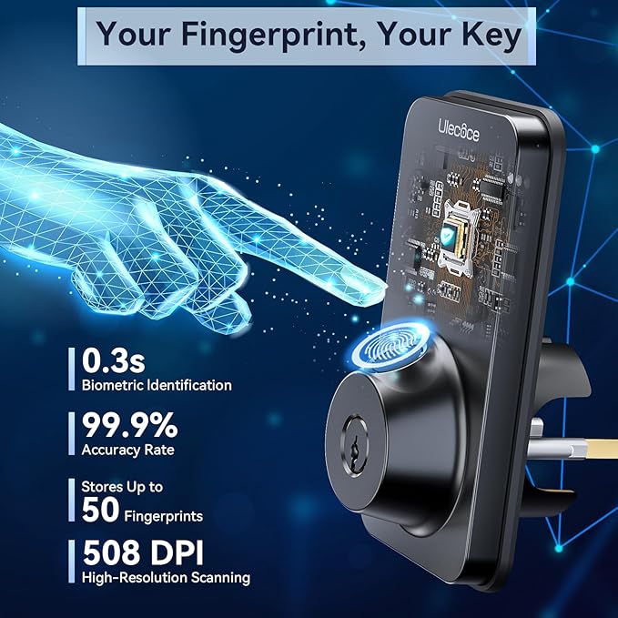 Ulecoce Fingerprint Keypad Deadbolt with Handle Set, Keyless Entry Door Lock, Door Locks for Front Door Lock Set, App Control, Auto Locking, Easy to Install, Matte Black