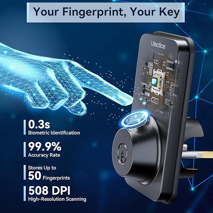 Ulecoce Fingerprint Keypad Deadbolt with Handle Set, Keyless Entry Door Lock, Door Locks for Front Door Lock Set, App Control, Auto Locking, Easy to Install, Matte Black