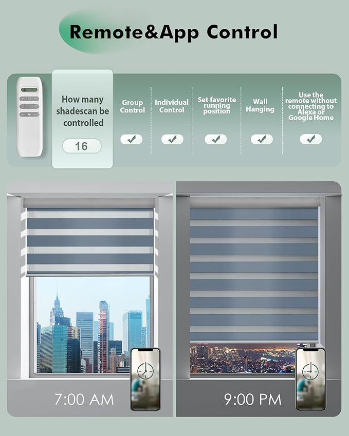 Yoolax Motorized Zebra Blinds, Remote Zebra Shades for Indoor Windows, Motorized Shades with Remote Light Control Horizontal Window Blinds Custom Size(95% Shading Grey)
