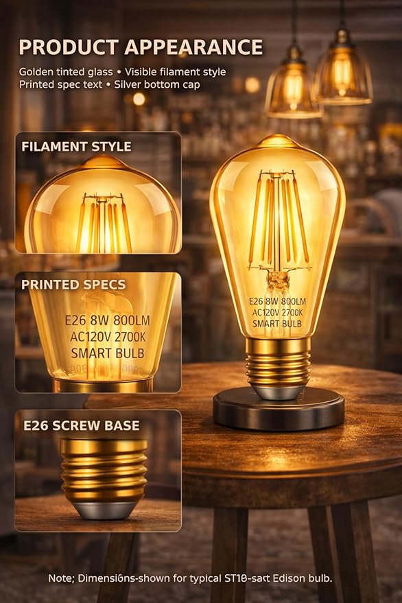Smart Bulbs LED Smart Light Bulb WiFi Dimmable No Hub Required Edison Vintage WiFi Edison Smart Bulb ST19 Vintage Filament Smart Bulb E26 Base Soft Warm Amber No Hub Required