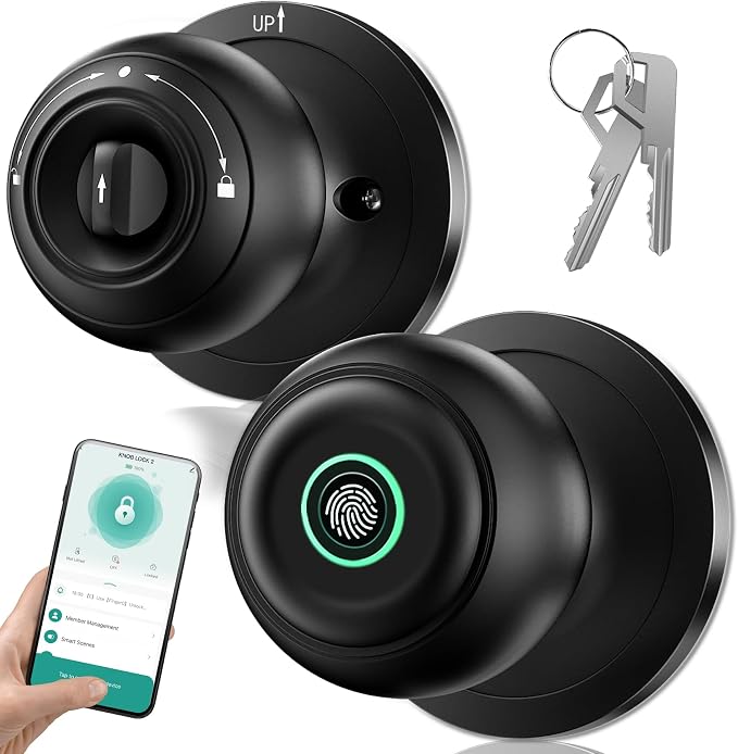 Smart Door Knob with Lock, Keyless Entry Fingerprint Door Lock, Dark Black | Smart Lock with Auto-Lock , App, Key, Fingerprint Door Locks for Front Door, Garage, Apartment, Hotel, Interior, Exterior