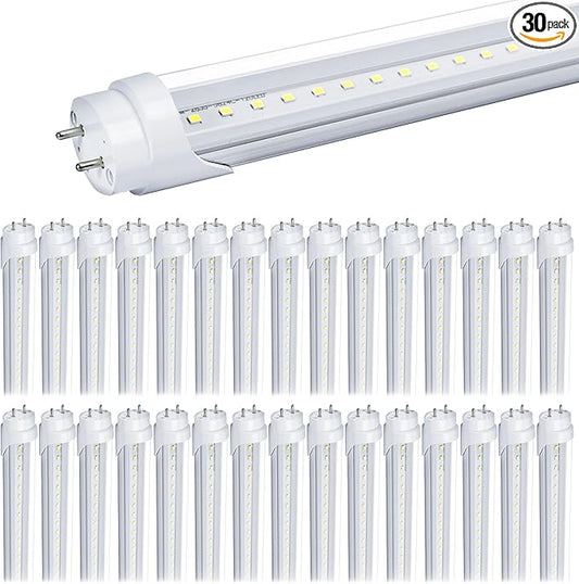 30-Pack T8 LED Bulbs 4 Foot Tube Light, 4ft LED Shop Garage Warehouse Light, 20W 5000K 2600LM Daylight White, Fluorescent Lights Tube Replacement, Ballast Bypass, Dual-end Powered, Clear Cover