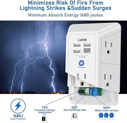 5 Outlet Extender Multi Plug Wall Outlets with 4 USB Charging Ports (1 USB C Outlet), 3 Sided 1680J Surge Protector Power Strip USB Wall Charger for Home, Office, Travel, ETL Listed, White