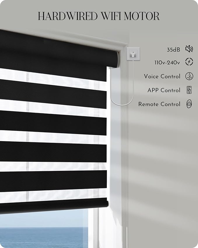Graywind Motorized Blinds with Remote, Smart Zebra Shades for Windows, Hardwired Roller Blinds Compatible with Alexa, Apple Homekit, Google Home, Custom Size, Luxury Blue Grey