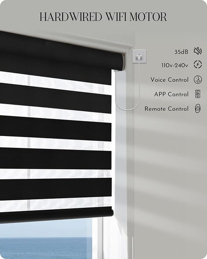 Graywind Motorized Blinds with Remote, Smart Zebra Shades for Windows, Hardwired Roller Blinds Compatible with Alexa, Apple Homekit, Google Home, Custom Size, Luxury Blue Grey