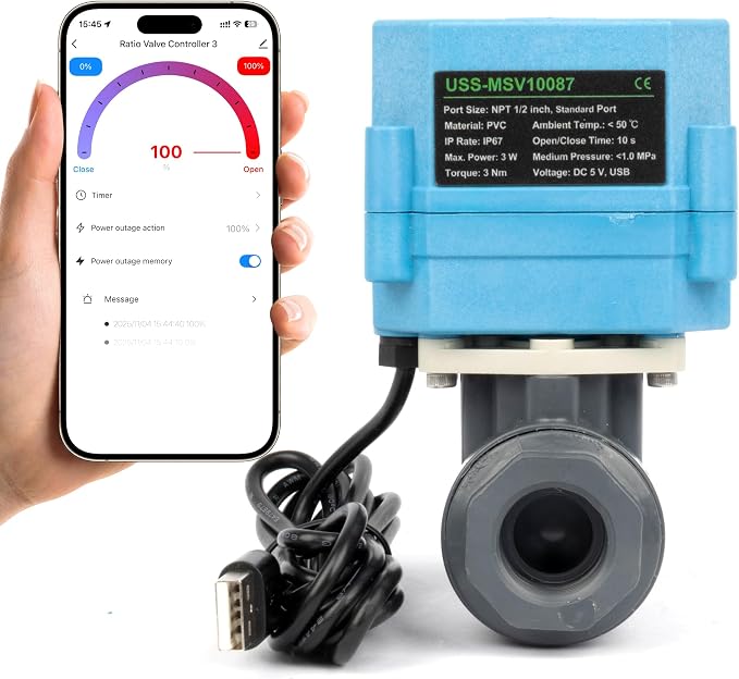 U.S. Solid WiFi Smart Motorized Ball Valve 1/2 in NPT, 2-Way PVC Electric Valve, USB Powered, LED Indicator, Remote On/Off for Water and Irrigation