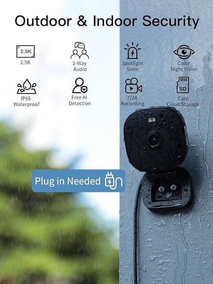 VIMTAG 2.5K Security Camera Indoor/Outdoor, Cameras for Home Security with Color Night Vision, AI Human Detection, Spotlight/Siren, Pet/Baby Monitor, IP66, 2-Way Audio,Compatible with Alexa, Wired