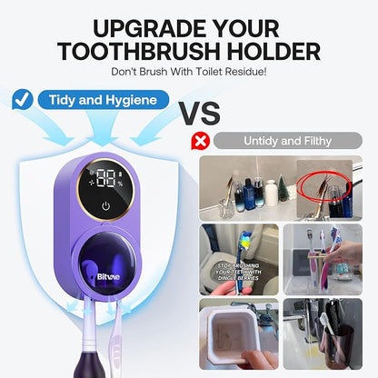 Bitvae Tooth Brush Holder for Bathroom Infrared Sensing | Toothbrush Cleaner, Wall-Mounted for Any Size Toothbrushes, Air Drying, LED Smart Screen, Purple