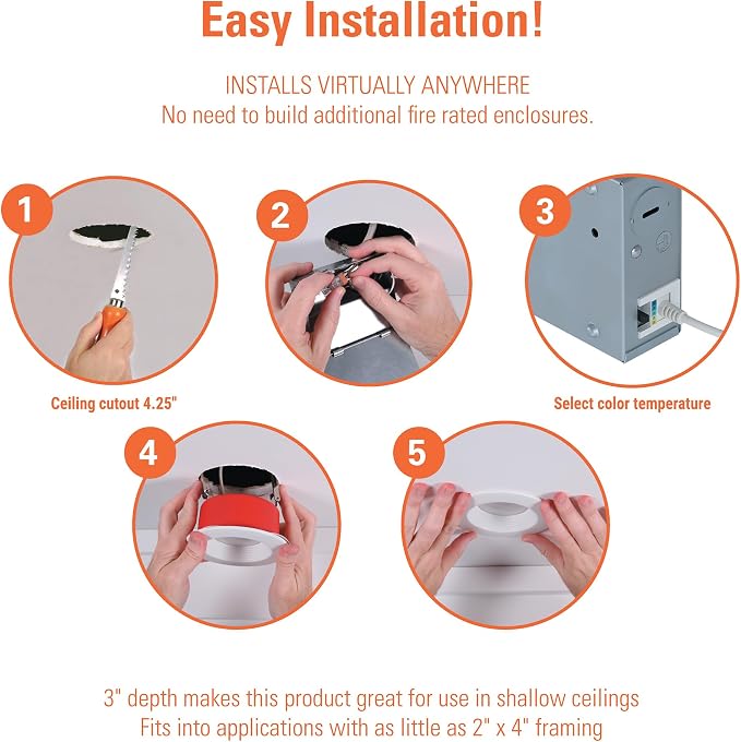 HALO RL Fire-Rated 4 in Canless LED Recessed Light Trim, Selectable 5CCT 2700K-5000K, 1000 Lumens, IC Rated, Wet Location, Dimmable,