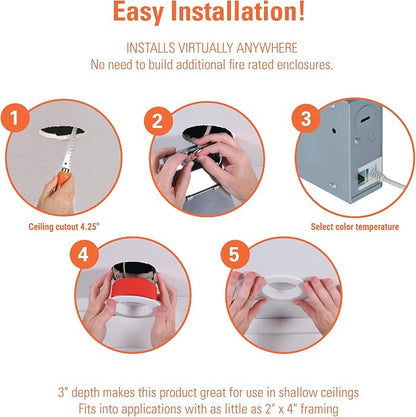 HALO RL Fire-Rated 4 in Canless LED Recessed Light Trim, Selectable 5CCT 2700K-5000K, 1000 Lumens, IC Rated, Wet Location, Dimmable,