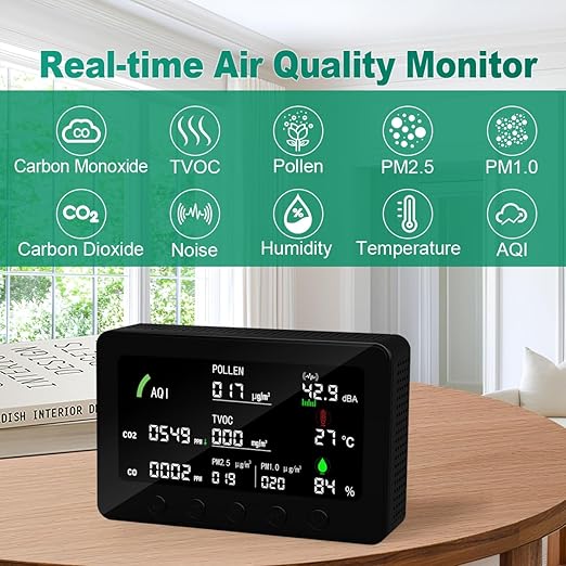 10 in 1 Air Quality Monitor Indoor,with APP 7" Display,Detectors for CO2，Pollen,Noise,Decibel Meter,TVOC,PM1.0,PM2.5,AQI,Temp and Humid,Air Quality Meters for Home,Office (Black)