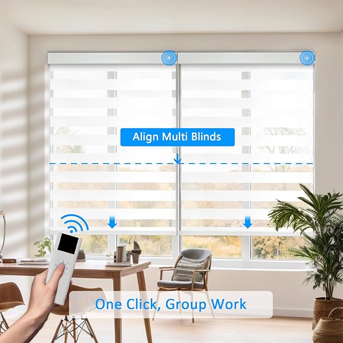 Motorized Zebra Blinds for Windows Cordless Electric Curtains with Remote Control Blackout Shades Custom Smart Blinds Compatible with Alexa Google Home(Light Filtering White,W28 X 72in)