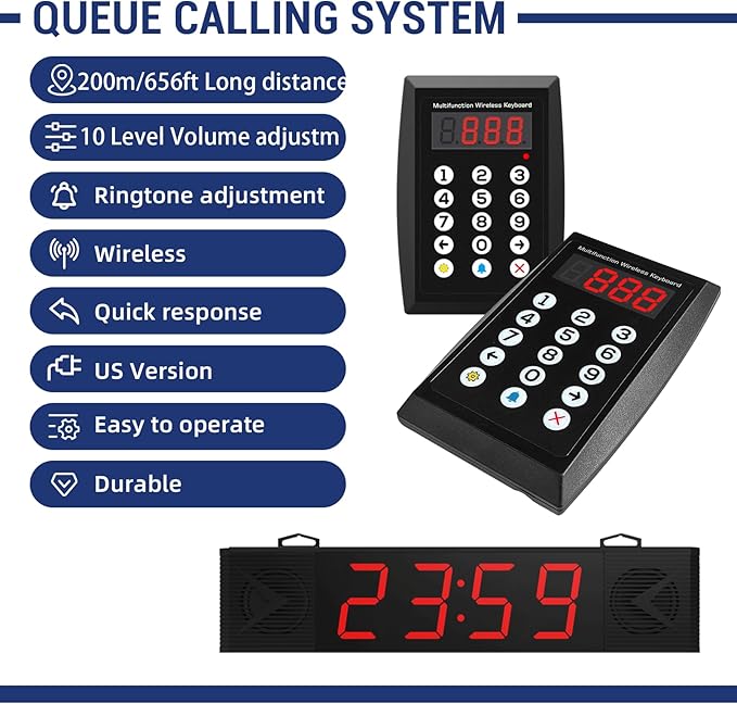 2026 Upgraded Four-Digit Queue Calling System Wireless Restaurant Speaker System with Voice Broadcast Screen and Keyboard, Take A Number System Waiting Number Management for Restaurant,Hospital,Bank