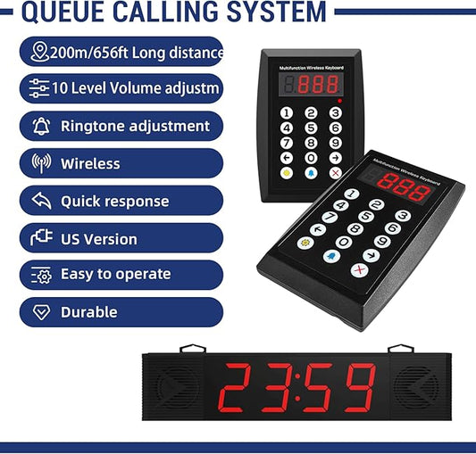 2026 Upgraded Four-Digit Queue Calling System Wireless Restaurant Speaker System with Voice Broadcast Screen and Keyboard, Take A Number System Waiting Number Management for Restaurant,Hospital,Bank