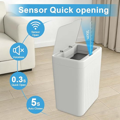 Naisu 4 Gal Bathroom Trash Can with Lid,Automatic Garbage Can with Touchless and Sealed Design,Slim Motion Sensor Waterproof Plastic Trash Bin Suitable for Bedrooms,Bathrooms,Kitchens（2 Pack, White）