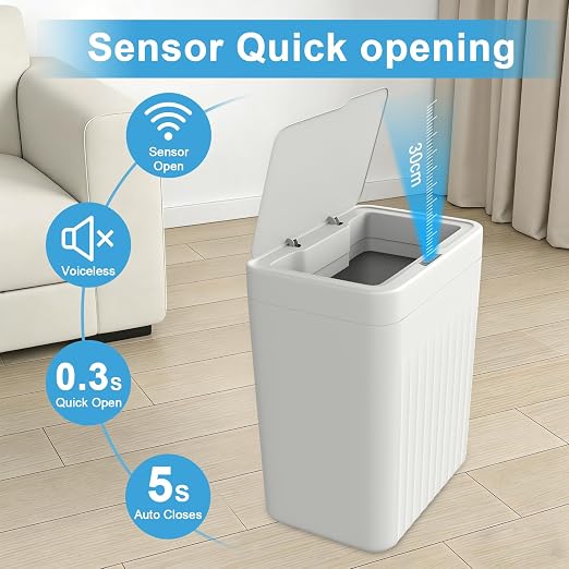 Naisu 4 Gal Bathroom Trash Can with Lid,Automatic Garbage Can with Touchless and Sealed Design,Slim Motion Sensor Waterproof Plastic Trash Bin Suitable for Bedrooms,Bathrooms,Kitchens（2 Pack, White）
