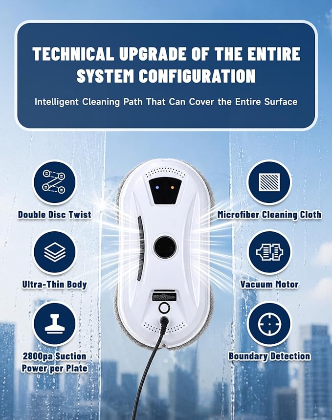 Automatic Window Cleaning Robot, Robot Window Cleaner with AI Intelligent Positioning & Edge Detection & Powerful Suction, Anti-Drop Safety for High-Rise Glass & Large Bay Windows