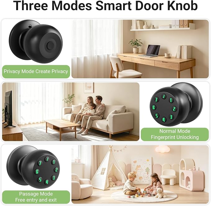 Smart Keypad Door Knob, Keyless Entry Door Lock with Auto Lock and Low Battery Alert, 50 User Codes, Easy Installation, Matte Black, for Front Door Bedroom Office Apartment