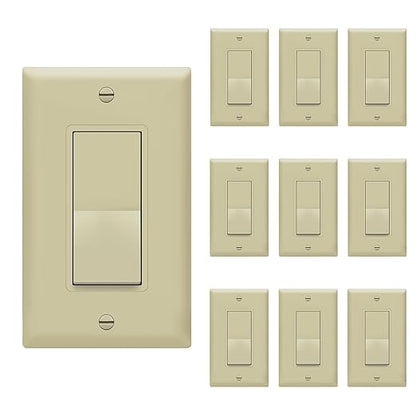 ENERLITES Decorator On/Off Paddle Switch with Wall Plates, Single Pole, 3 Wire, Grounding Screw, Residential Grade, 15A 120V/277V, UL Listed, 91150-IWP-10PCS, Ivory (10 Pack)