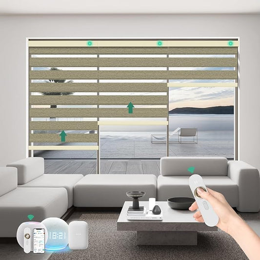 Motorized Zebra Blinds with Remote, Work with HomeKit Alexa Automatic Electric Window Shades 95% Blackout Light Filtering for Smart Home and Office, Customized Size Modern Brown