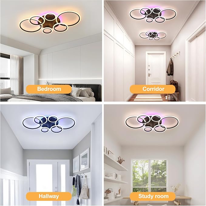 70W LED Ceiling Light, 6-Ring Black Flush Mount Fixture with Remote | Dimmable 3000K-6000K ceiling light with remote, 4200LM,RGB ambient glow,modern fixture for living room, bedroom & dining room