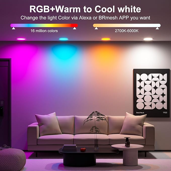 Black Smart Recessed Lighting 6 Inch RGBCW Color Changing 16W LED Downlight with Junction Box,1350 Lumen Recessed Ceiling Light Compatible with Alexa,Dimmable by Bluetooth Control -12Pack