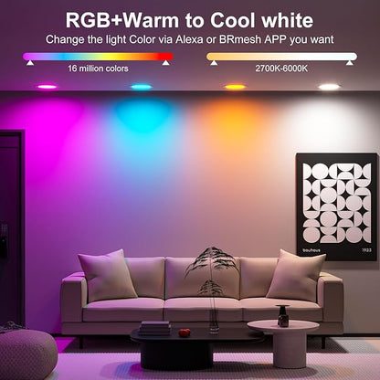 Smart Recessed Lighting 4 Inch RGBCW Color Changing 12W LED Recessed Ceiling Lights with Junction Box,1080LM Canless Downlight Compatible with Alexa,Dimmable by Bluetooth Control (6 Pack)