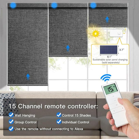 Tokblind Motorized Blackout Roller Shade Fabric Covered Valance and Bottom Rod, Remote Control Electric Window Blind Compatible with Alexa Google via Hub, Custom Size (Dark Grey - Wrapped Fabric)