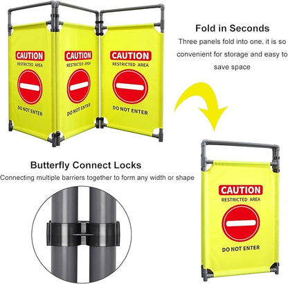 3 Panels Safety Barricade 5.8FT Foldable Security Sign Barrier Gate with Heavy Duty PVC Frame High Visibility Caution Symbol Crowd Control Restricted Area Pedestrian Barricade (Yellow-1)
