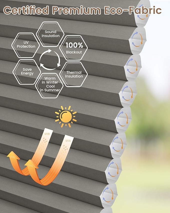 Kincmo Motorized Cellular Shades, Custom Motorized Blinds with Remote, Cordless Smart Electric Honeycomb Blinds Work with Apple HomeKit, Alexa, Google (100%-Blackout-Single-Cell Grey)