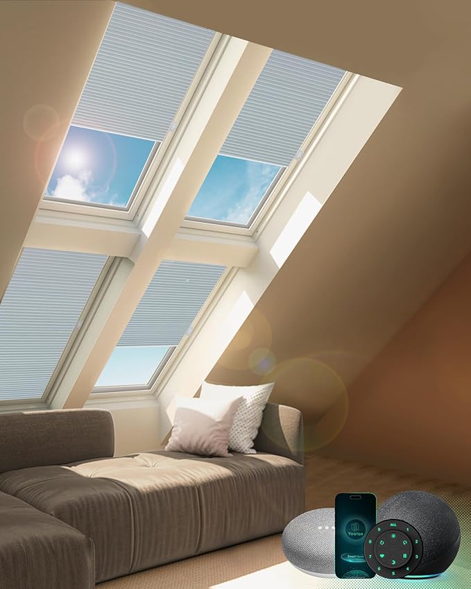 Yoolax Motorized Skylight Shades, Smart Cellular Shades Compatible with Alexa Google, Electric Cordless Honeycomb Blinds with Remote for Roof Inclined Plane Room (Room Darkening White)