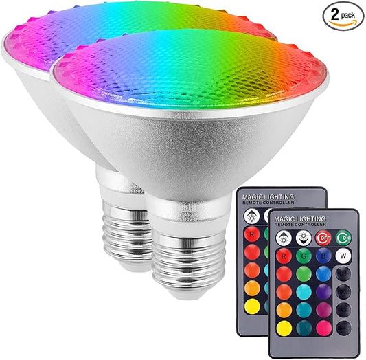 30W PAR30 RGB LED Flood Light Outdoor, Dimmable Color Changing LED Bulbs with Remote Control, Waterproof Lawn Lamp for Home Courtyard Christmas Party Decoration (2pcs)