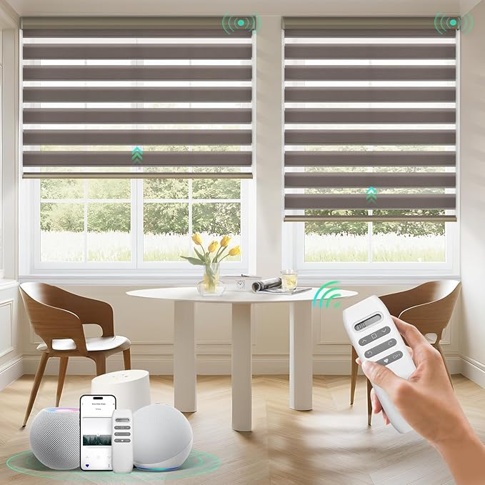 HeyBlinds Motorized Zebra Blinds with Remote, Smart Cordless Electric Zebra Shades for Indoor Windows Compatible with Alexa Google & Homekit, Custom Size (Simple-Coffee LF)