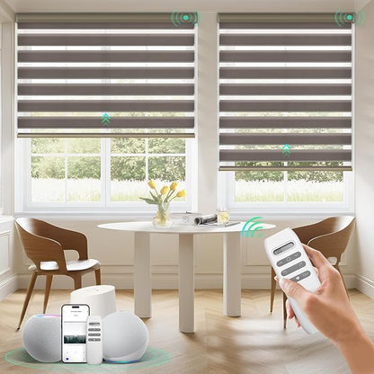 HeyBlinds Motorized Zebra Blinds with Remote, Smart Cordless Electric Zebra Shades for Indoor Windows Compatible with Alexa Google & Homekit, Custom Size (Simple-Coffee LF)