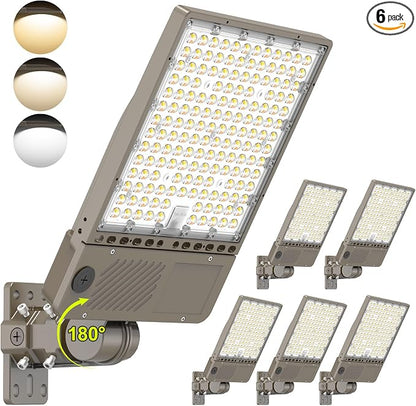 6 Pack 480V LED Parking Lot Light 320W/256W/192W, 3000K 4000K 5000K Adjustable 48000LM 0-10V Dimmable with Photocell, ETL Listed Shoebox Pole Lights Arm & Slip Fitter Mount, AC277-480V